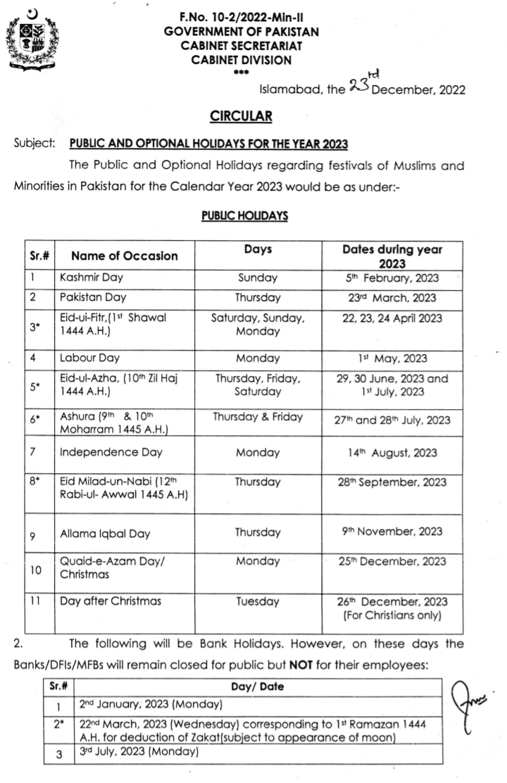 gazetted-holidays-in-pakistan-for-2023